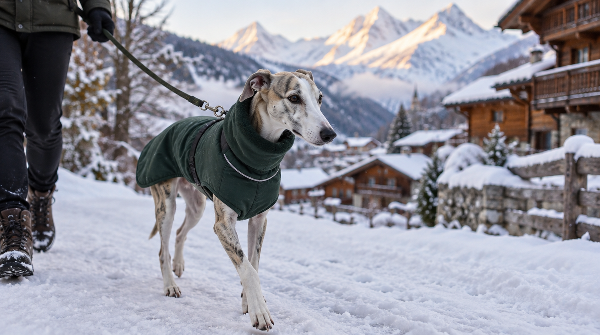 Petit chien à poil court en manteau d'hiver sur un chemin enneigé en Suisse