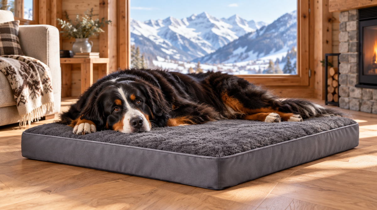 Bouvier bernois couché sur un grand matelas pour chien gris dans un salon suisse au parquet clair