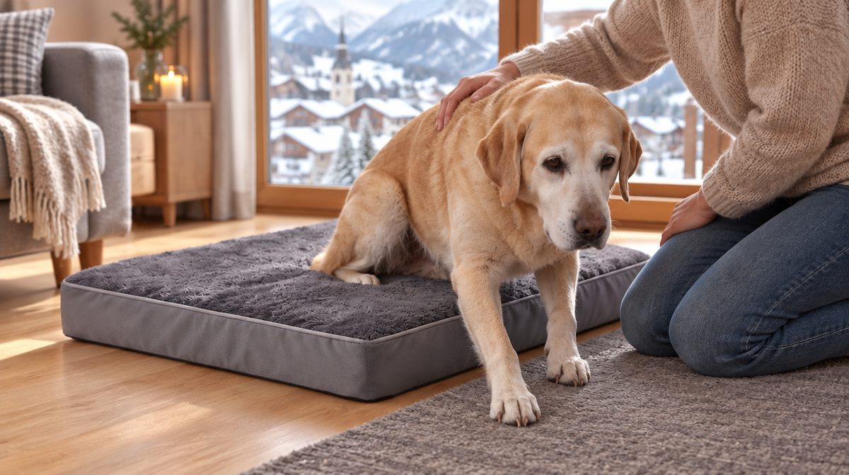 Chien âgé se relevant de son matelas orthopédique sur un tapis antidérapant dans un salon
