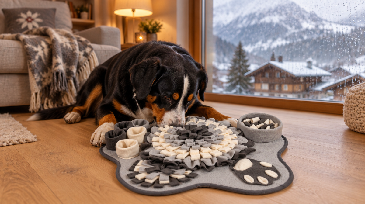 Chien qui cherche des croquettes dans un tapis de fouille au salon un jour de pluie