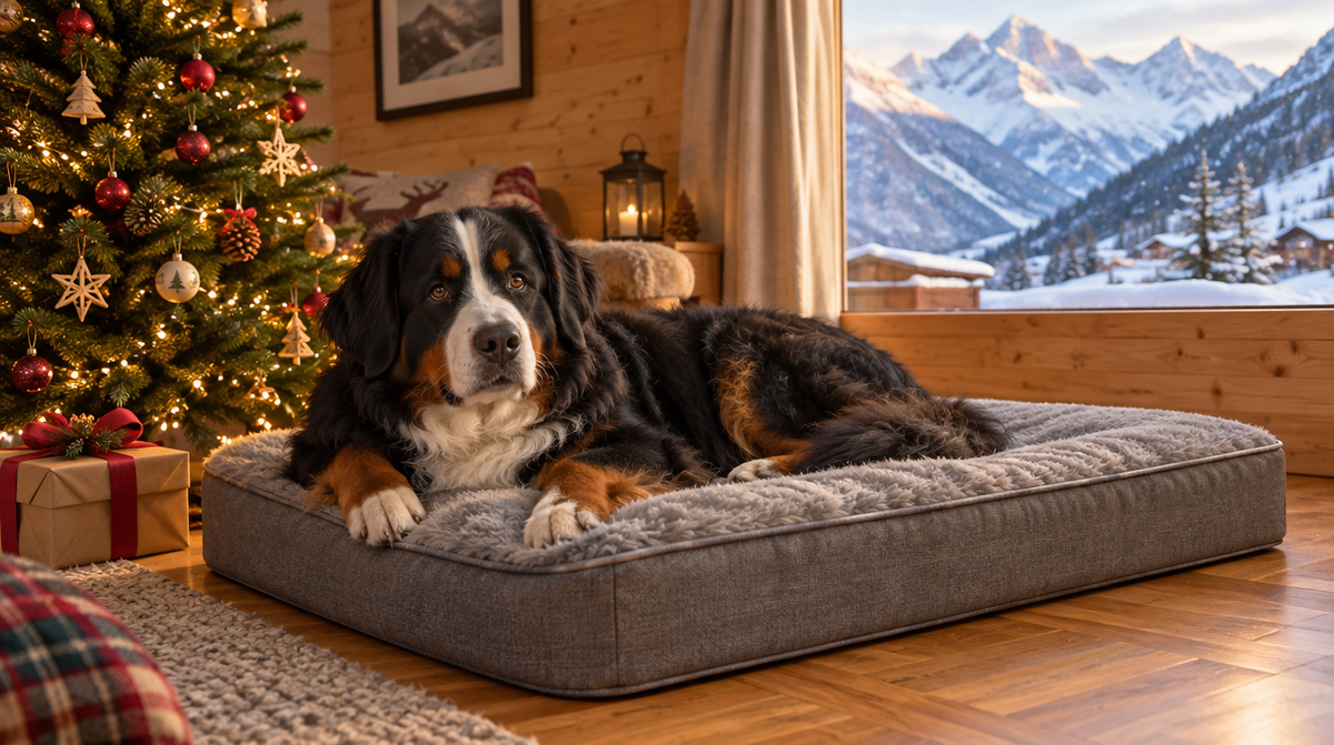 Bouvier bernois couché sur un matelas pour chien près d'un sapin de Noël, avec un coffret cadeau