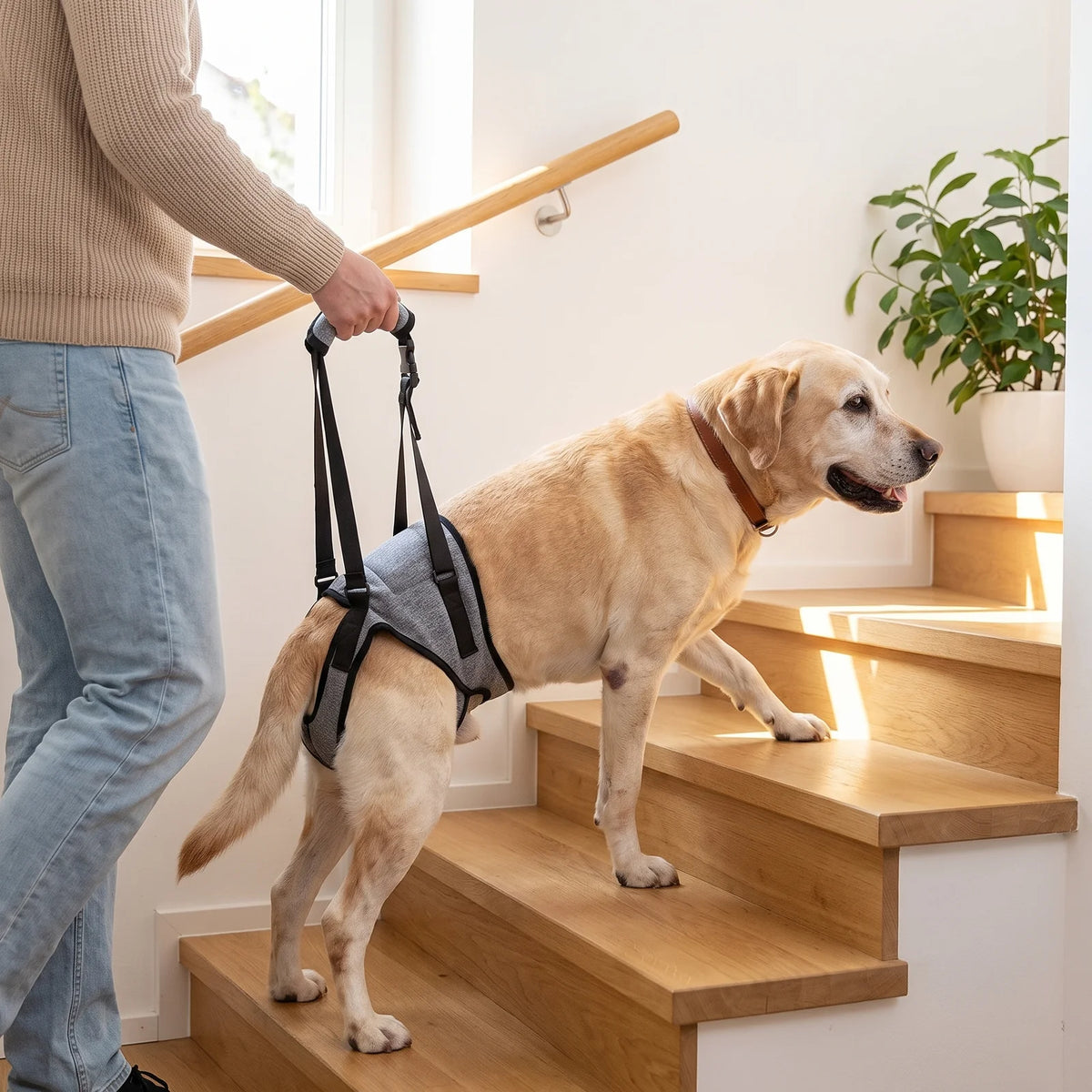 Labrador senior qui monte un escalier en bois avec le harnais de soutien arrière Plouki, la main de son maître tient la poignée