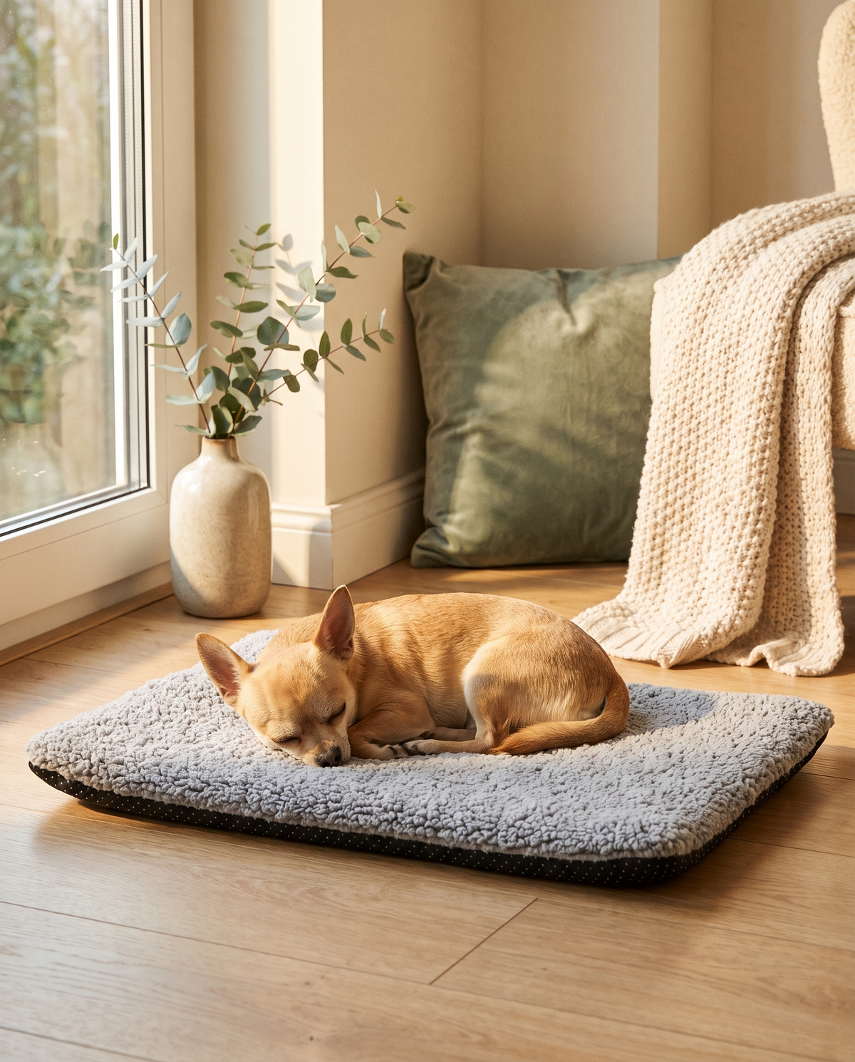 Chihuahua lové sur le tapis douillet Plouki dans un salon d'automne