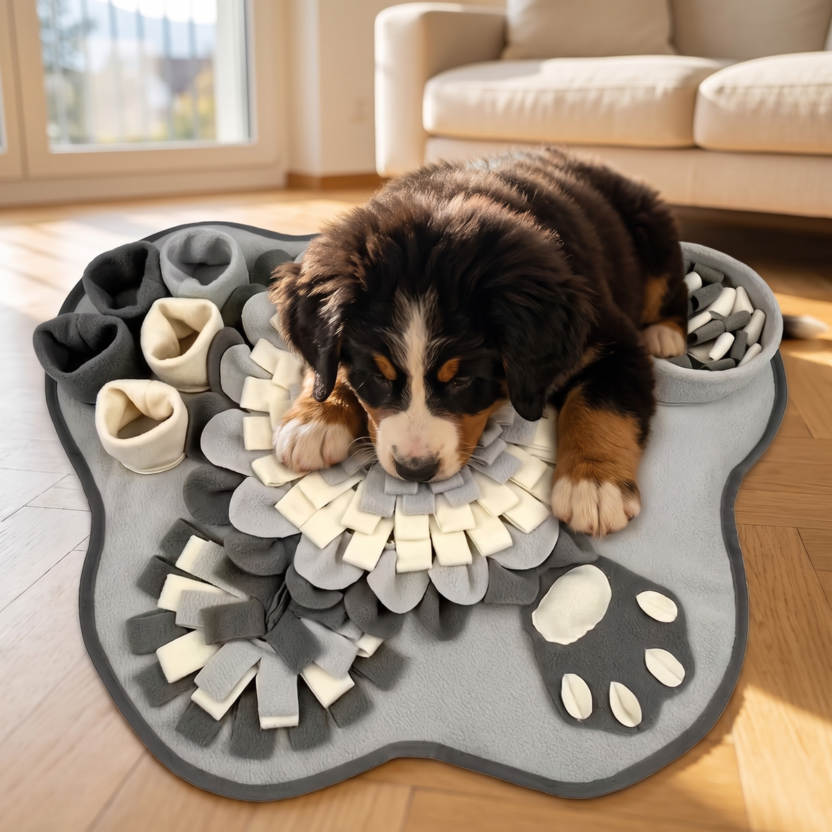 Chiot bouvier bernois qui cherche ses croquettes dans le tapis de fouille Plouki