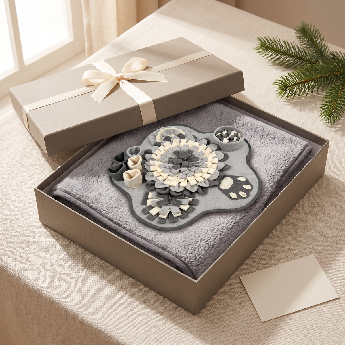 Coffret Bien-être d'hiver Plouki : tapis douillet et tapis de fouille dans leur boîte cadeau